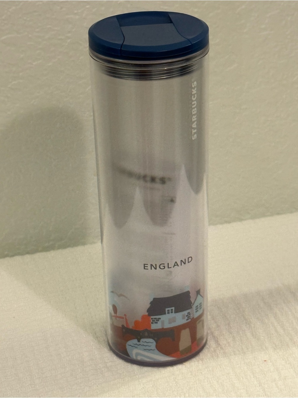 Authentic Starbucks England Travel Tumbler Coffee Mug Blue Lid Collectible EUC